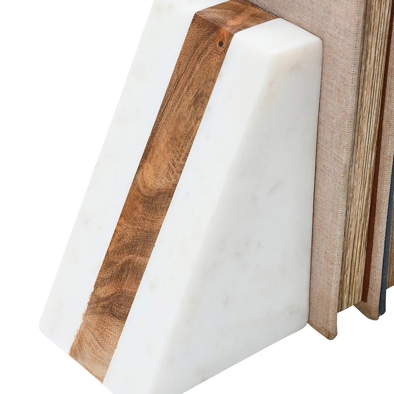 Hello Honey® 6" White Marble Geometric Bookends with Wood Inlay