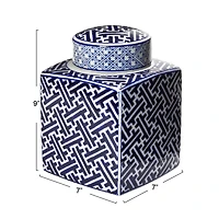 Hello Honey® 8.5" Blue and White Decorative Stoneware Ginger Jar with Lid