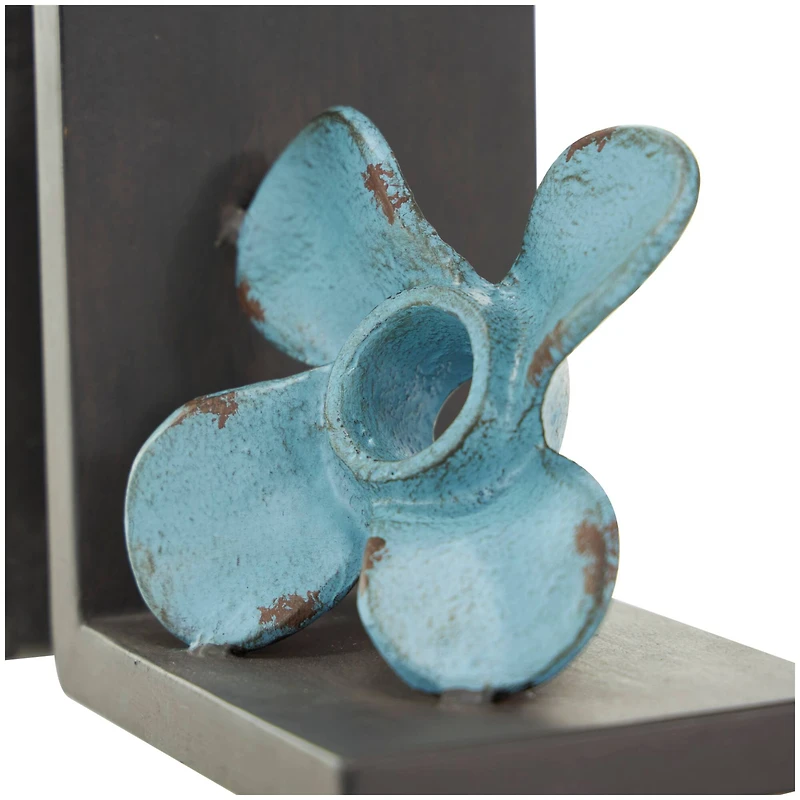 6.5" Teal Metal Boat Distressed Propeller Bookends with Brown L-Shaped Stands