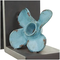 6.5" Teal Metal Boat Distressed Propeller Bookends with Brown L-Shaped Stands