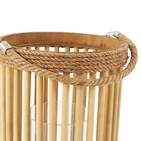 13" Brown Bamboo Handmade Open Framed Caged Candle Lantern with Rope Handle