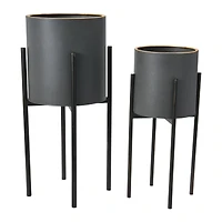 Hello Honey® Charcoal Grey & Black Boho Metal Planters with Gold Rim & Stands Set
