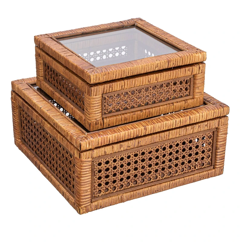Hello Honey® Dark Brown Modern Decorative Square Woven Rattan & Wood Display Box Set with Glass Top