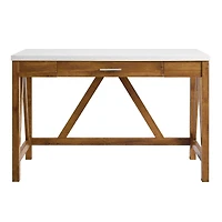 Walker Edison 46" Natural Walnut/Faux White Marble A Frame Wood Computer Desk with Drawer