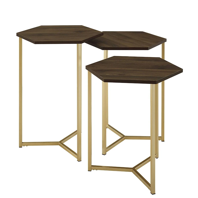 Walker Edison Dark Walnut/Gold Hexagon Modern Nesting Tables Set