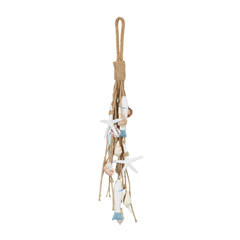 Brown Jute Rope Fish Layered Hanging Home Wall Décor with Cream Shell and Starfish Accents