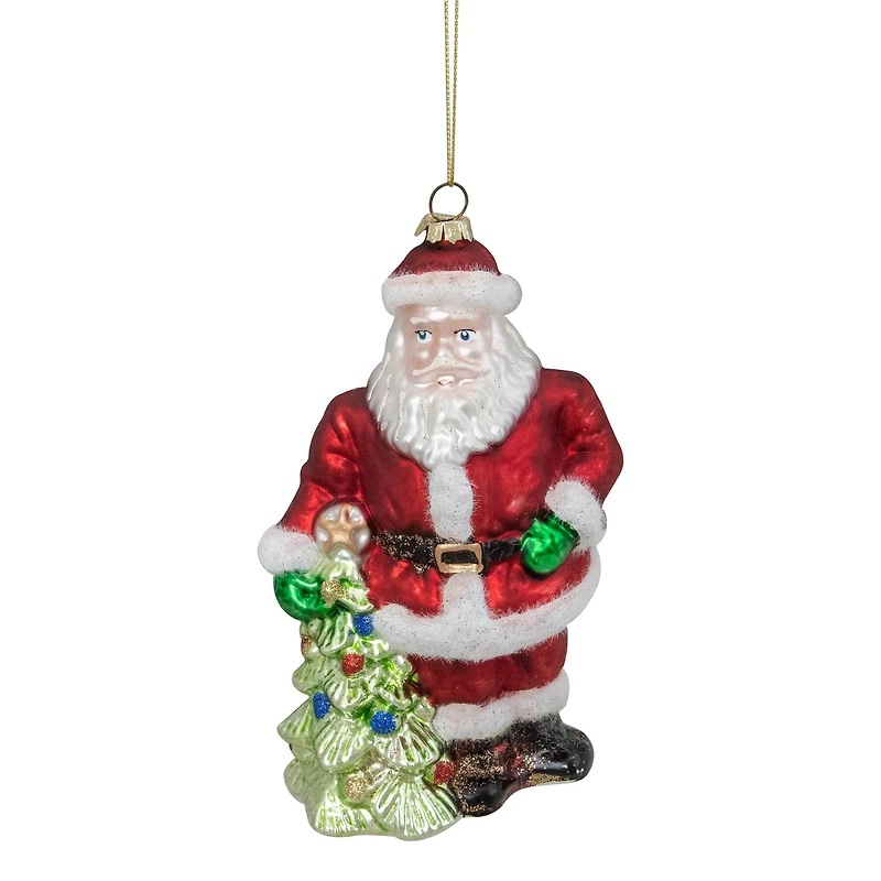 5.5" Red Classic Santa With Tree Hanging Glass Christmas Ornament
