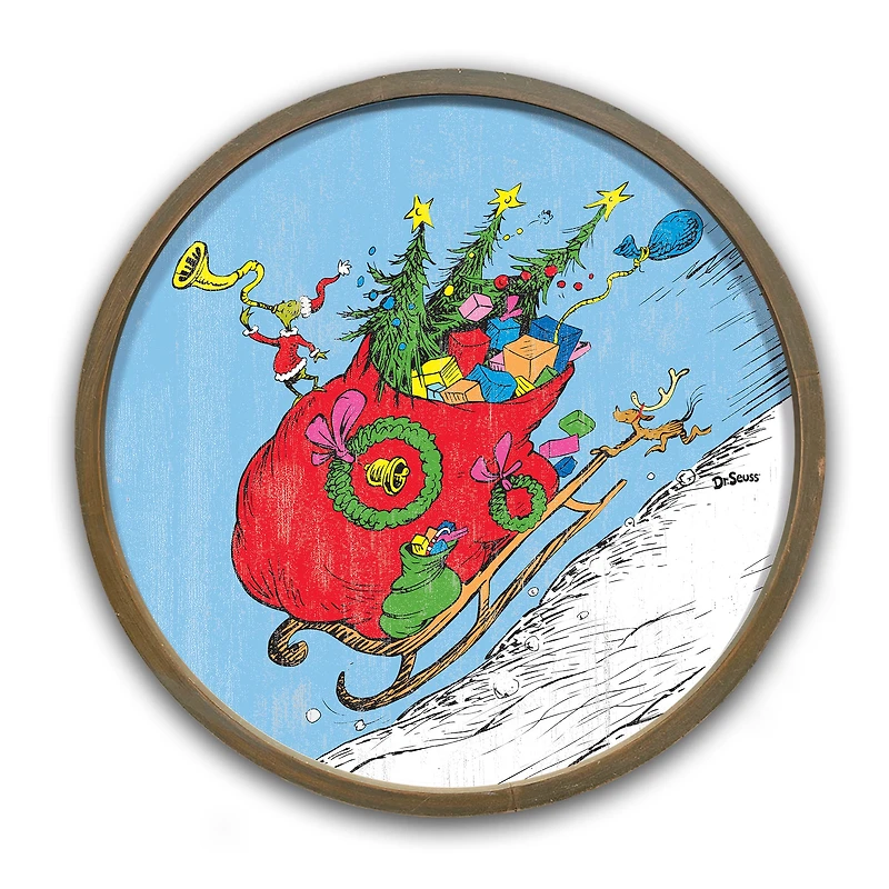 20" The Grinch Riding in Sled Round White Framed Print