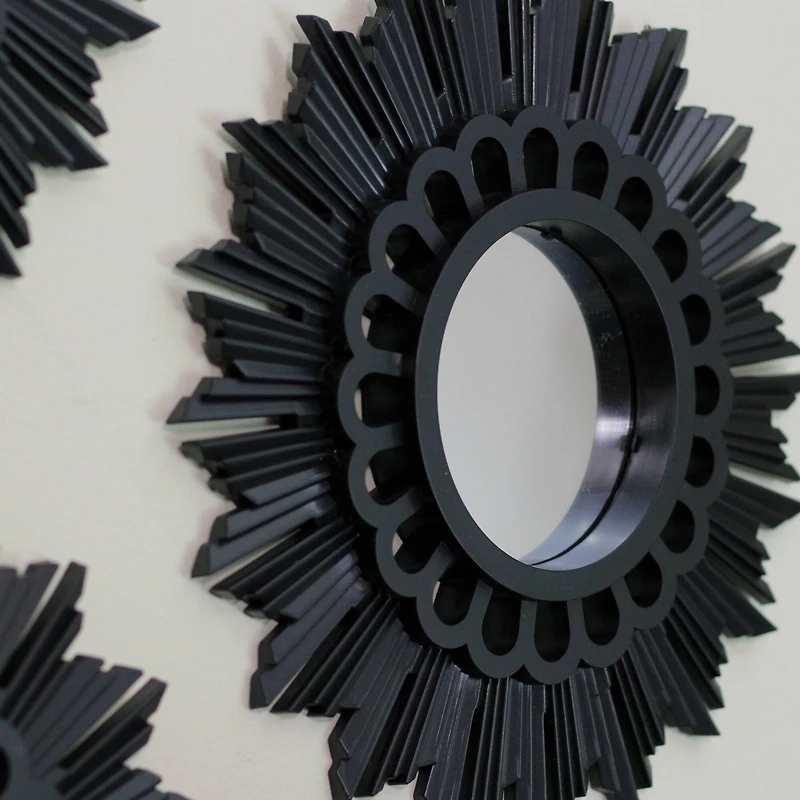 9.5" Floral Sunburst Matte Black Round Mirror Set