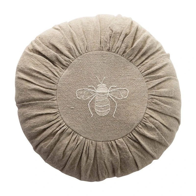 Hello Honey® Round Natural Embroidered Bee Pillow