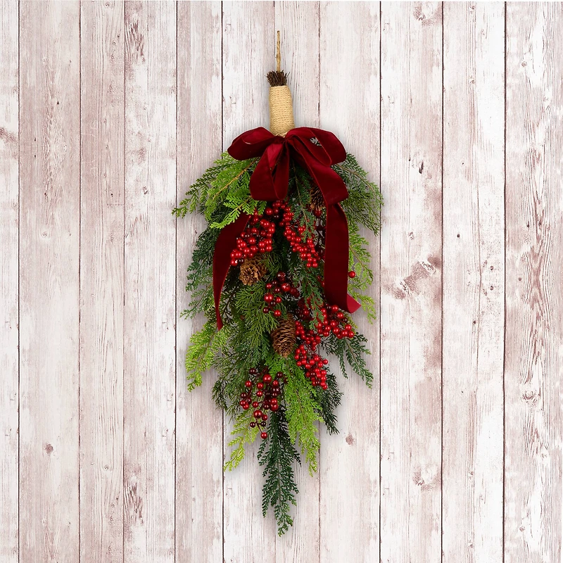 28" Christmas Joy Cypress, Red Berry & Pinecone Teardrop Swag