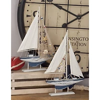 White Wood Coastal Sail Boat Sculpture Set