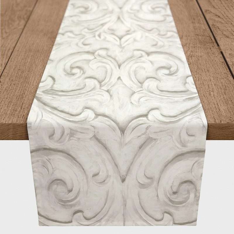 90" White Ornate Carved Pattern Cotton Twill Table Runner