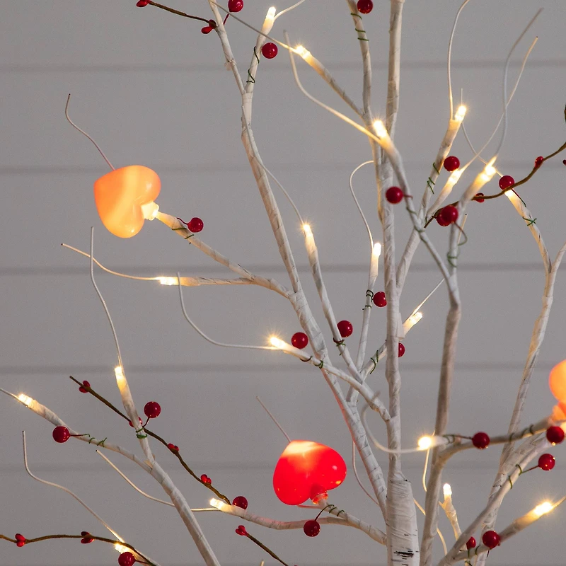 4ft. Pre-Lit Artificial Valentine's Day Twig Tree with 48 Heart Shaped LED Lights and Red Berries