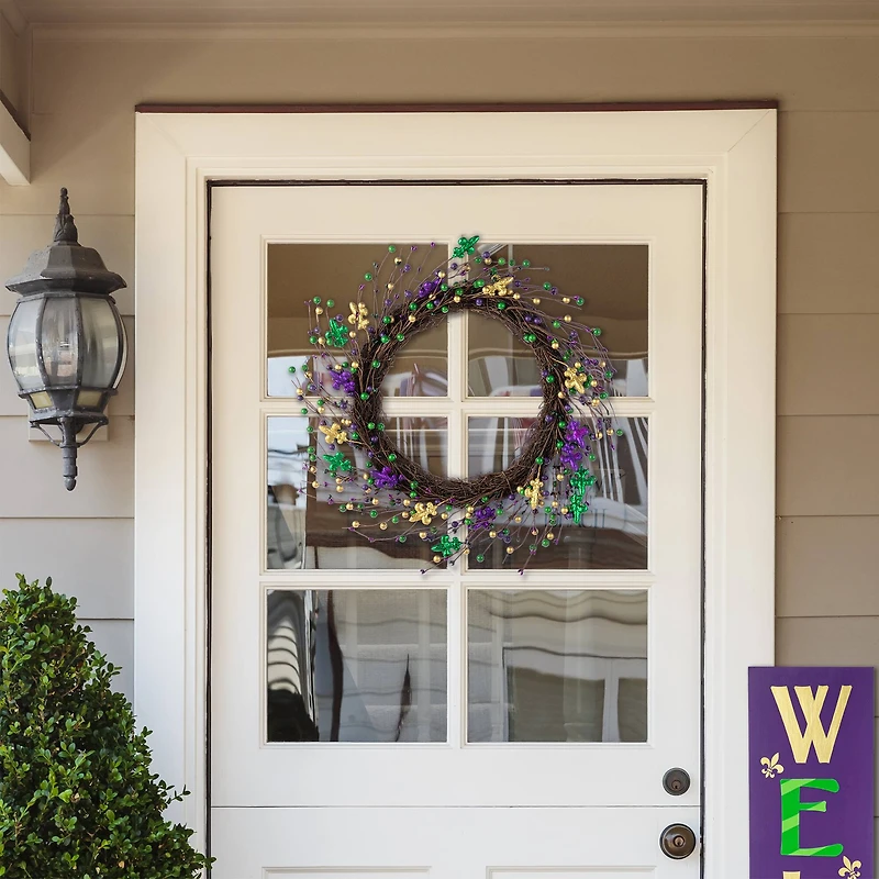 Glitzhome® 20" Mardi Gras Berry & Fleur-de-Lis Wreath