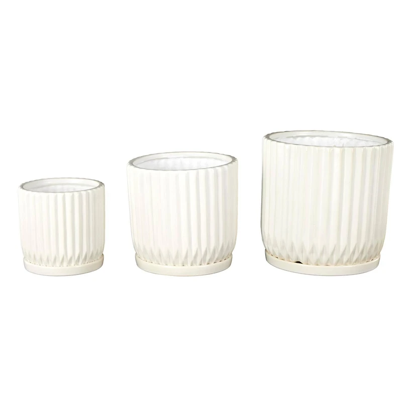 White Ribbed Textured Ceramic Planter Set
