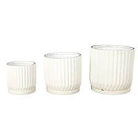 White Ribbed Textured Ceramic Planter Set