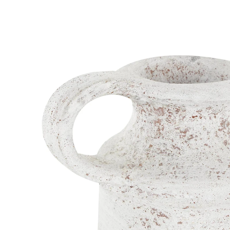 10" White Ceramic Antique Style Textured Vase with Terracotta Accents and Ring Handle