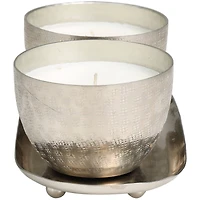 Campfire Scented Candles in Silver Grid Patterned Bowls Set