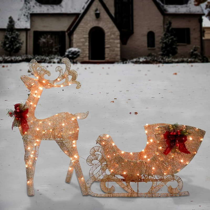 48" Champagne Reindeer Pulling Sleigh, White LED Lights