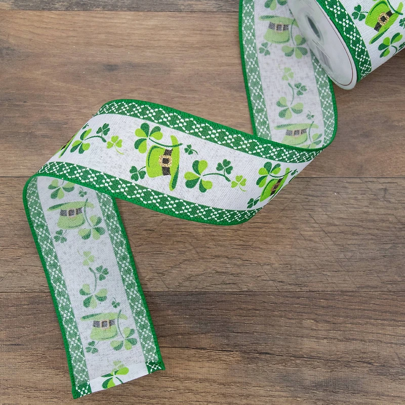 2.5" x 10yd. St. Patrick's Day Shamrock & Hat Wired Spring Craft Ribbon