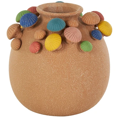 9" Brown Ceramic Round Wide Decorative Vase with Multicolor Mushroom Accents