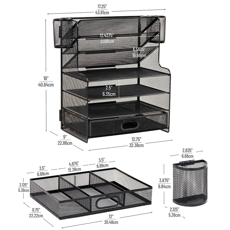 Mind Reader Mesh Desk Organizer, 6 Compartments, 1 Drawer, 2 Pen Cups, Office Desktop Organizer, Metal Mesh, Black