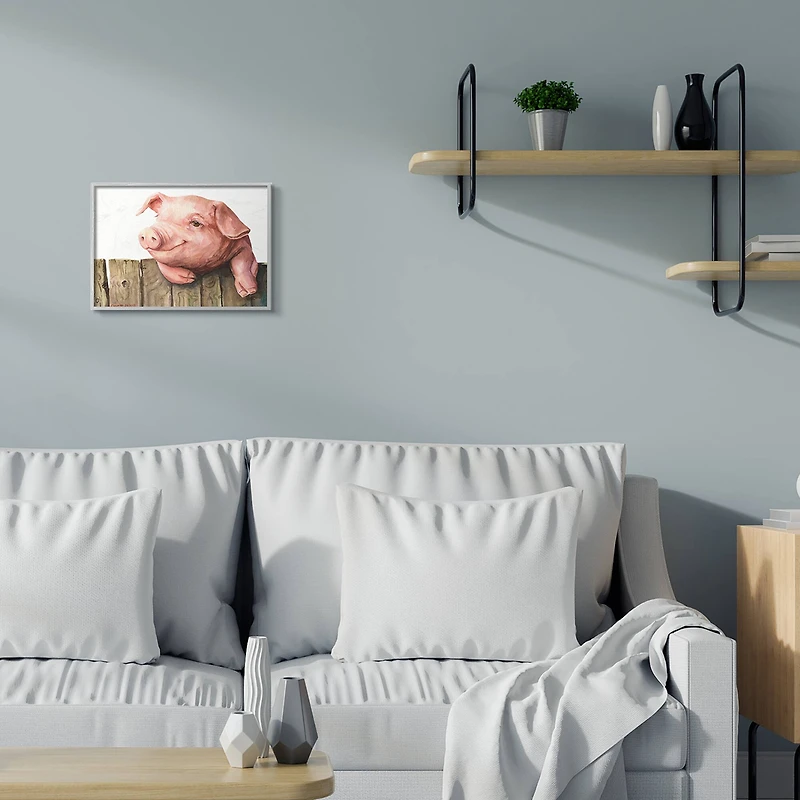 Stupell Industries Piglet on Wooden Fence Pink Farm Animal in Gray Frame Wall Art