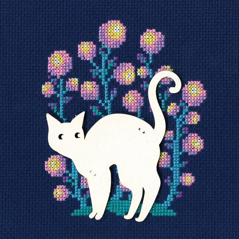 RTO White Cat with Pink & Yellow Flowers Cross Stitch Kit