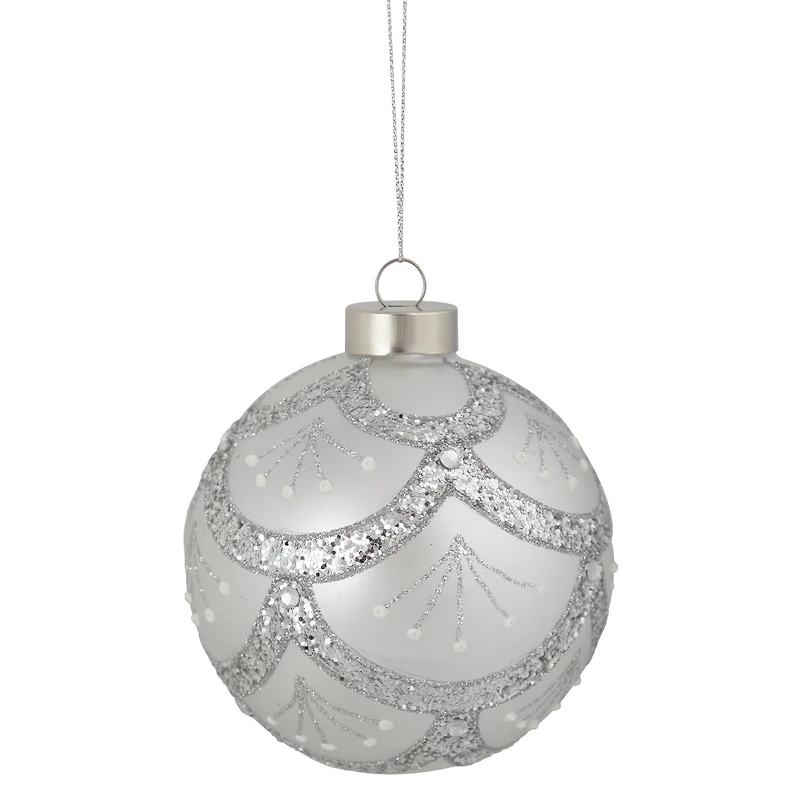 4" Glittered Silver Glass Ball Ornament