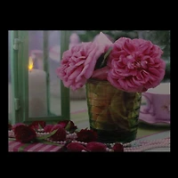 LED Flickering Candle & Pink Rose Flowers Canvas Wall Art