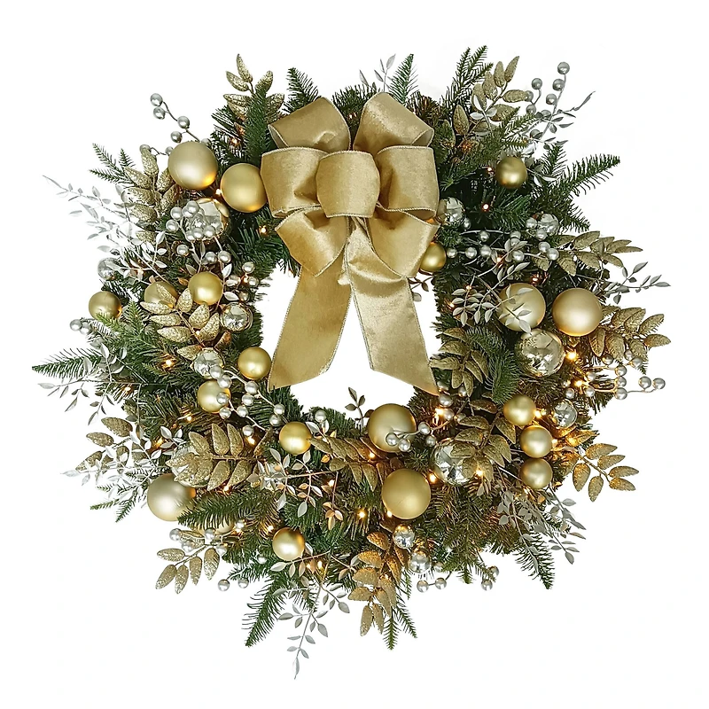 26" Battery-Operated Pre-Lit Decorated Artificial Wreath with Gold Bow