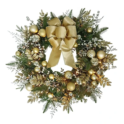 26" Battery-Operated Pre-Lit Decorated Artificial Wreath with Gold Bow