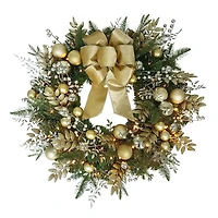 26" Battery-Operated Pre-Lit Decorated Artificial Wreath with Gold Bow