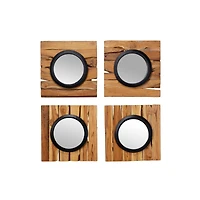 Set of 4 Brown Teak Wood Rustic Floral Wall Mirror, 18" x 18"