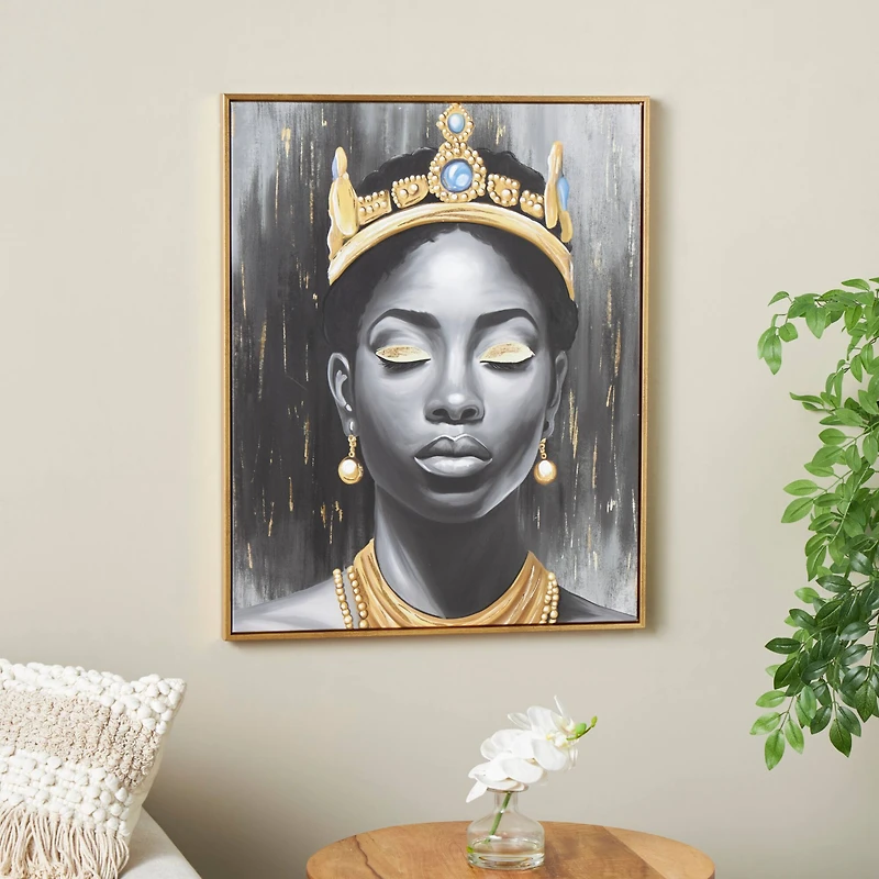 24" x 2" x 24" Black Canvas Woman Shaded Living Room Framed Wall Art with Blue Crown and Gold Foil Accents