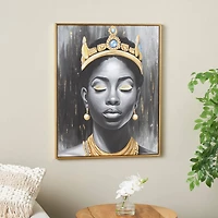 24" x 2" x 24" Black Canvas Woman Shaded Living Room Framed Wall Art with Blue Crown and Gold Foil Accents
