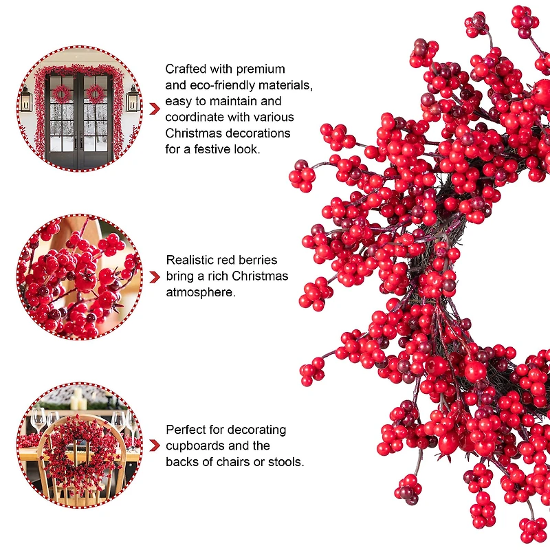 Glitzhome® 14"D Christmas Mini Red Berries Wreath Set