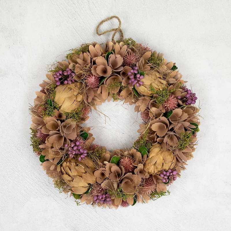 12" Purple & Beige Wooden Floral & Preserved Artichoke Wreath