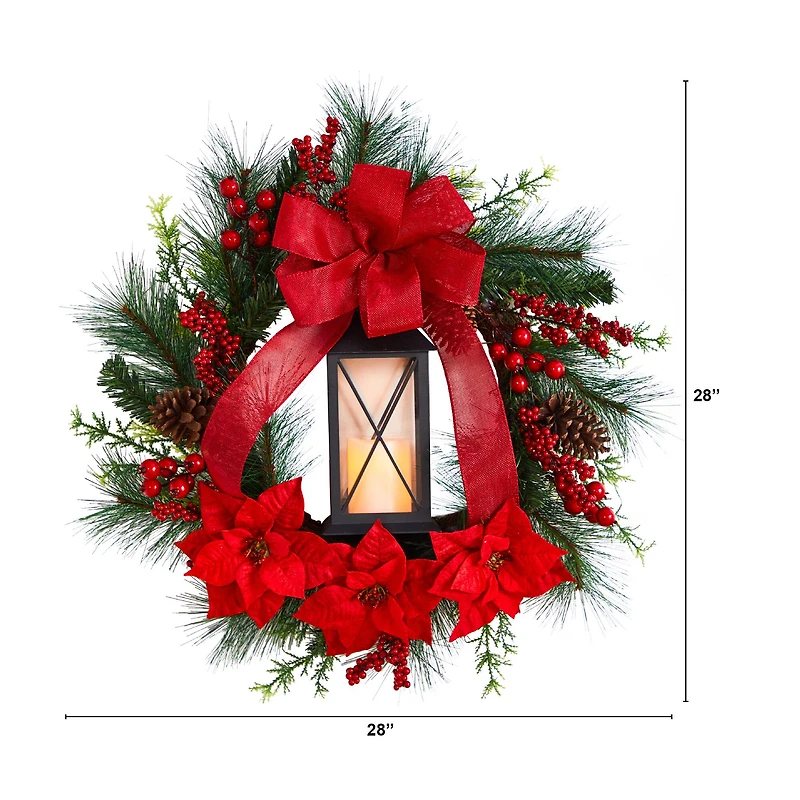 28" Poinsettia & Berry Holiday Lantern Christmas Wreath with LED Candle
