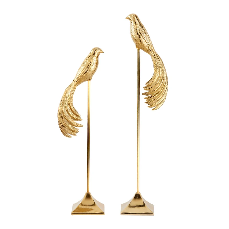 Set of 2 Gold Aluminum Eclectic Bird Sculpture, 32", 27"