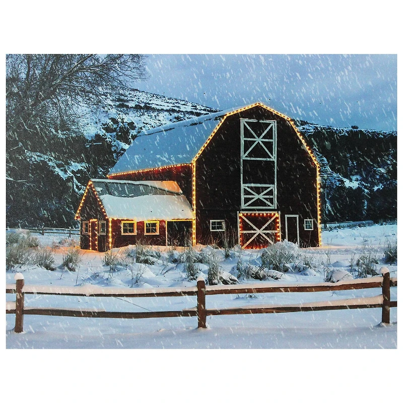 Snowy Red Barn LED Fiber Optic Canvas Wall Art