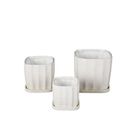 White Square Wide Groove Textured Ceramic Planter Set