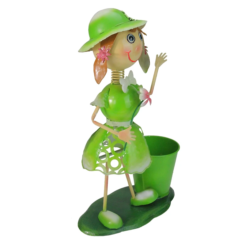 17" Lime Green Girl With Flower Spring Outdoor Planter