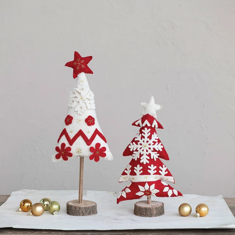 Hello Honey® 17" Red & White Handmade Wool Felt Christmas Tree with Applique, Embroidery & Wood Slice Base