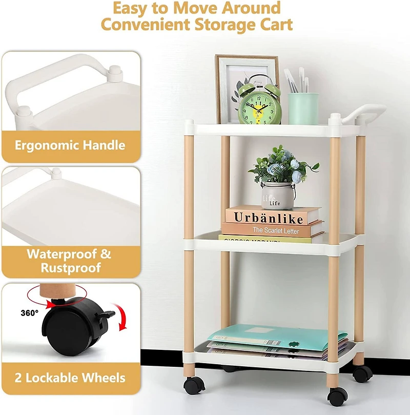 White Utility Cart 3-Tier Kitchen Rolling Organizer