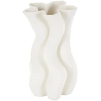 White Ceramic Abstract Ribbed Dimensional Wavy Vase with Floral Shaped Rim