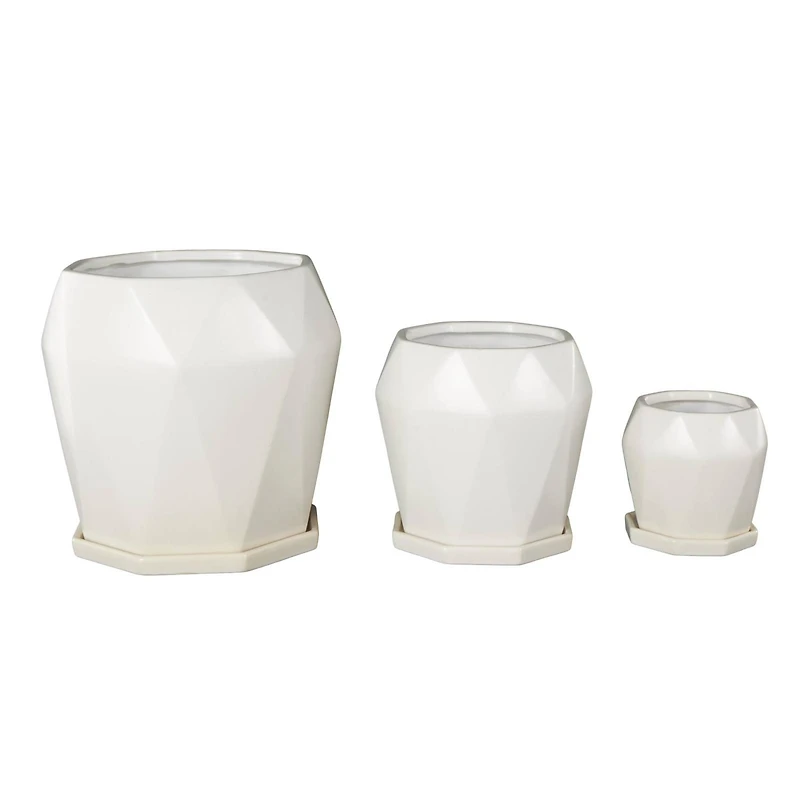 White Faceted Ceramic Planter Set