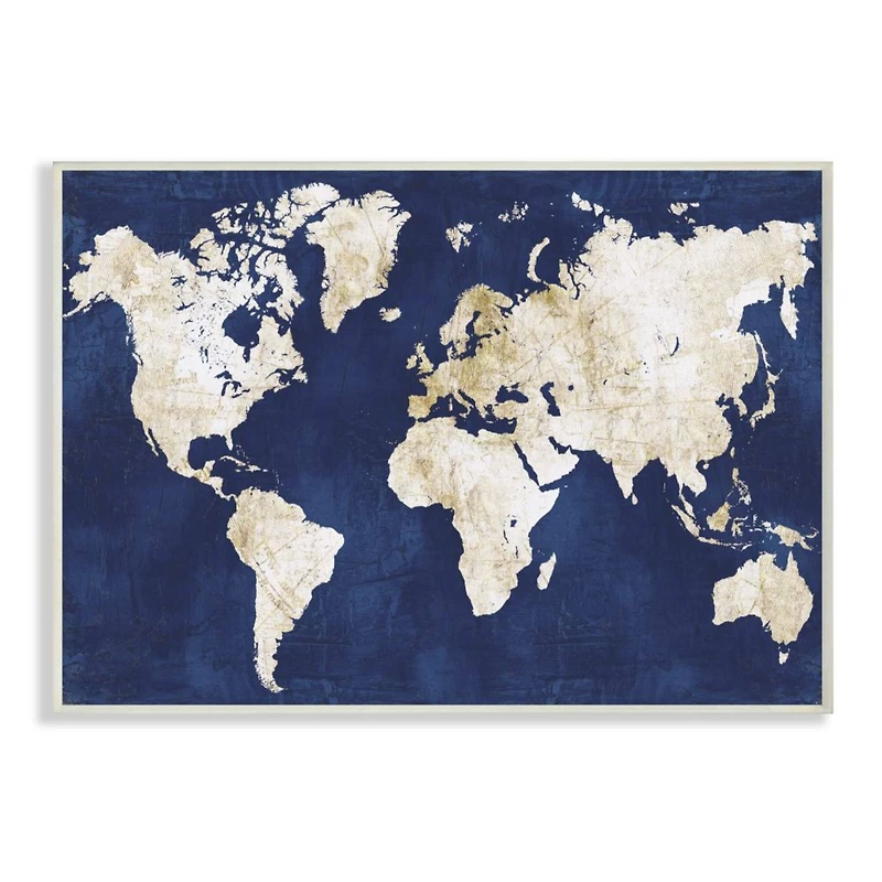 Stupell Industries Navy and Distressed Gold World Map Wood Wall Plaque