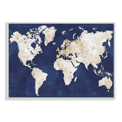 Stupell Industries Navy and Distressed Gold World Map Wood Wall Plaque